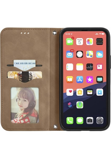 iPhone15 Pro Max Retro Pu Deri Kart Tutucu Telefon Kılıfı Cilt Touch Flip Stand Cover-Black (Yurt Dışından)
