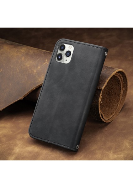 iPhone15 Pro Max Retro Pu Deri Kart Tutucu Telefon Kılıfı Cilt Touch Flip Stand Cover-Black (Yurt Dışından)