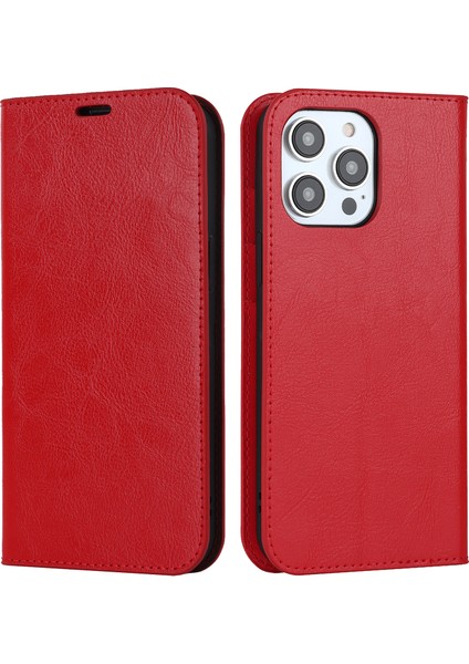 iPhone15 Pro Crazy Horse Doku Anti-Güz Anti-Fall Kapak Orijinal Inek Deri Stand Cüzdan Telefon Vaka-Kırmızı (Yurt Dışından)