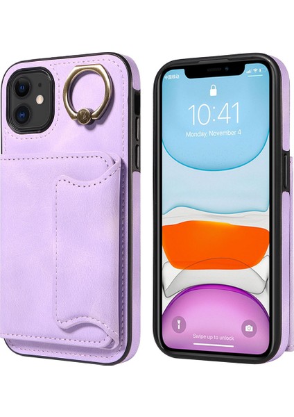 iPhone11 Pu Deri+Tpu Kart Tutucu Kapak Yüzüğü Kickstand Şok Geçirmez Telefon Vaka Işığı Mor (Yurt Dışından)