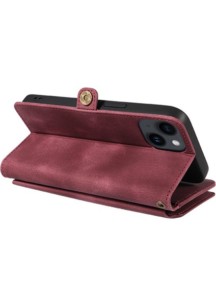 iPhone15 Plus Anti-Cratch Telefon Kapağı Fermuarı Cep Cüzdanı Rfıd Engelleme Standı Deri Çantası Kayış Kırmızısı (Yurt Dışından)