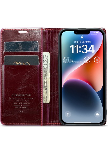 iPhone15 Plus Için Deri Cüzdan Standı Telefon Kasası Mumsu Çılgın At Dokusu Kapak-Wine Kırmızı (Yurt Dışından) modelleri