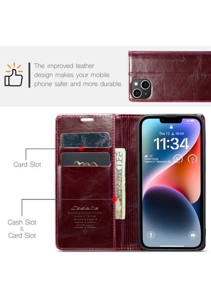 iPhone15 Plus Için Deri Cüzdan Standı Telefon Kasası Mumsu Çılgın At Dokusu Kapak-Wine Kırmızı (Yurt Dışından) indirimleri