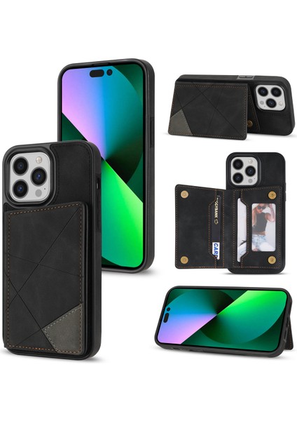 iPhone15 Pro Max Kart Tutucu Kickstand Pu Deri+Tpu Hattı Ekleme Desresit Telefon Kılıf Black (Yurt Dışından)