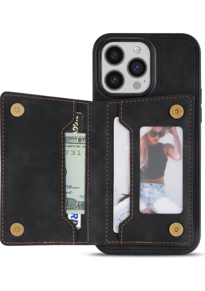 iPhone15 Pro Max Kart Tutucu Kickstand Pu Deri+Tpu Hattı Ekleme Desresit Telefon Kılıf Black (Yurt Dışından)