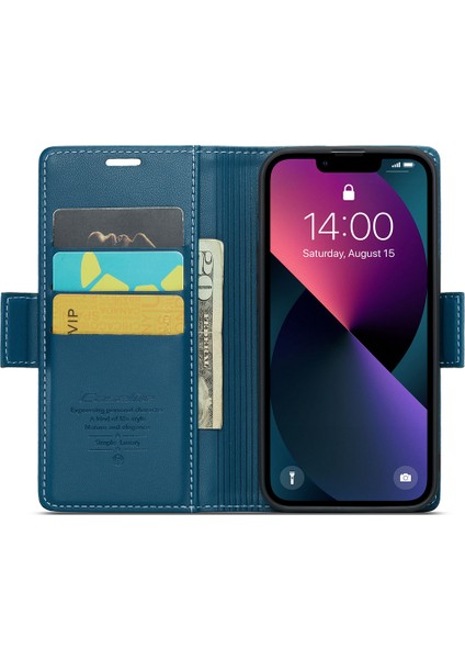 iPhone15 Plus Için Rfıd Engelleme Şok Geçirmez Telefon Kapağı Pu Deri Stand Cüzdan Kılıf Mavisi (Yurt Dışından)