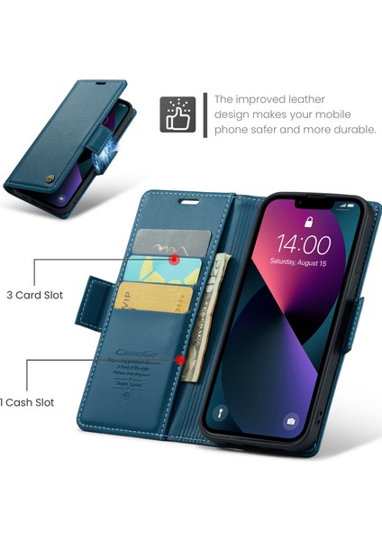 iPhone15 Plus Için Rfıd Engelleme Şok Geçirmez Telefon Kapağı Pu Deri Stand Cüzdan Kılıf Mavisi (Yurt Dışından)