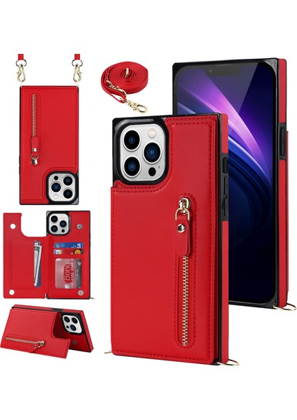 iPhone15 Pro Max Rfıd Engelleyen Telefon Kılıfı Tpu+Pu Kickstand Cüzdan Telefon Kapağı Omuz Askılı Kırmızısı (Yurt Dışından)
