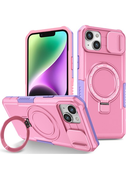 iPhone14 Plus Kılıfı Kamaralı Kickstand Manyetik Telefon Kabuk-Doğru/pembe (Yurt Dışından)
