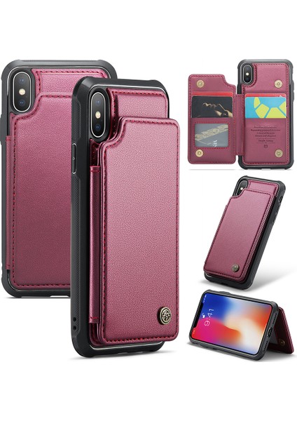 iPhoneX/xs Case 4 Kart Yuvaları Için Litchi Doku Kickstand Telefon Kapak-Kırmızı (Yurt Dışından)