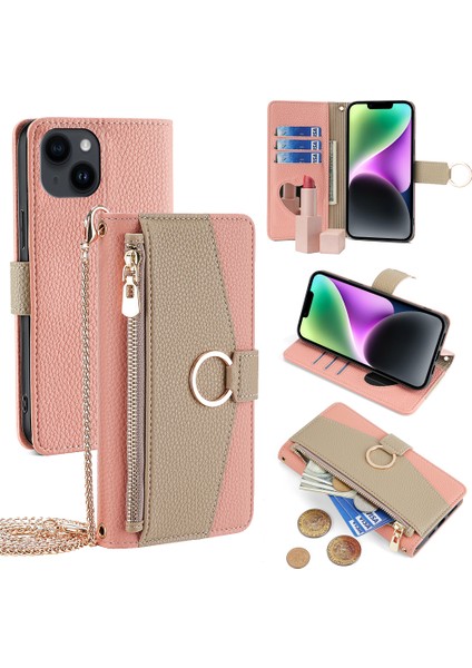 iPhone14 Için Pu Pu Deri Makyaj Aynası Cüzdan Telefon Kapağı Parmak Yüzük Pembe (Yurt Dışından)