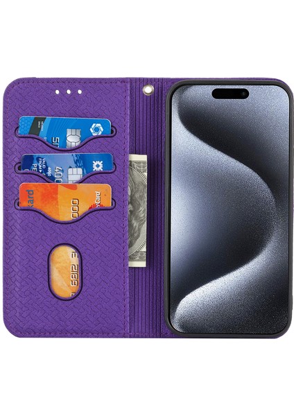 iPhone15 Pro Max Kasa Değiştirme Dokusu Deri Deri Stand Telefon Kapak Shap-Purple (Yurt Dışından)