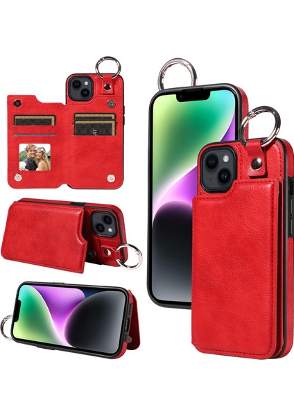 iPhone14 Case Ring Buckle Deri+Tpu Telefon Kapağı Kart Yuvaları-Kırmızı (Yurt Dışından)