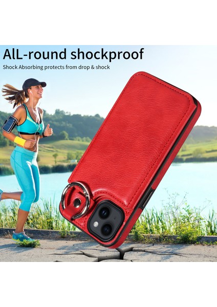 iPhone14 Case Ring Buckle Deri+Tpu Telefon Kapağı Kart Yuvaları-Kırmızı (Yurt Dışından) indirimleri