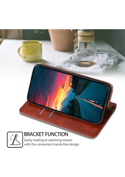 iPhone15 Manyetik Kapatma Stand Cüzdan Tam Koruma Pu Deri+Tpu Telefon Kapak-Kahverengi (Yurt Dışından)