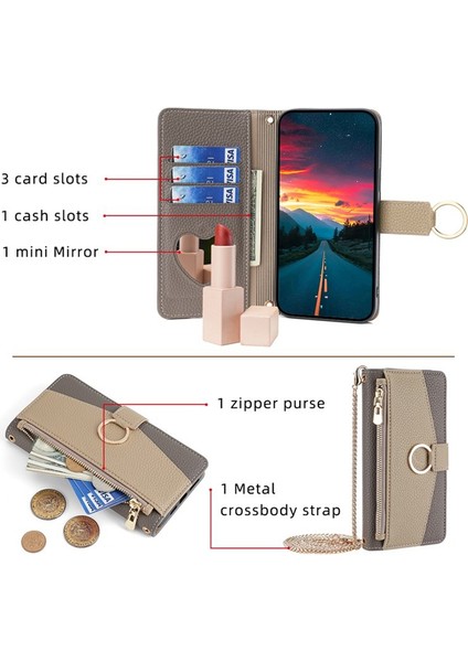 iPhone14 Case Pu Deri Makyaj Aynası Cüzdan Telefon Kapağı Parmak Yüzük Grey (Yurt Dışından)