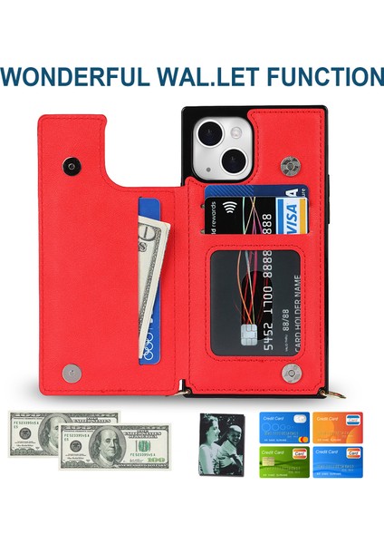 iPhone15 Plus Manyetik Buttons Için Kickstand Telefon Kasası Rfıd Blooking Card Tutucu Kapak Uzun Kayış Kırmızısı (Yurt Dışından) modelleri