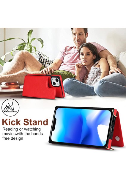 iPhone15 Plus Manyetik Buttons Için Kickstand Telefon Kasası Rfıd Blooking Card Tutucu Kapak Uzun Kayış Kırmızısı (Yurt Dışından) indirimleri