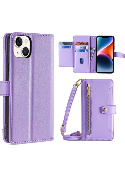 iPhone15 Plus Için Plus Fermuar Cep Cüzdan Kılıfı Pu Deri Stand Kart Yuvaları Telefon Kapağı Bilek Kayışı ve Omuz Kayış-Mor ile Kapak (Yurt Dışından)