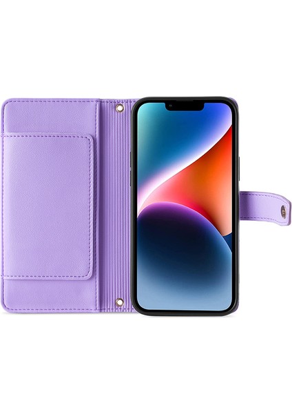 iPhone15 Plus Için Plus Fermuar Cep Cüzdan Kılıfı Pu Deri Stand Kart Yuvaları Telefon Kapağı Bilek Kayışı ve Omuz Kayış-Mor ile Kapak (Yurt Dışından) modelleri