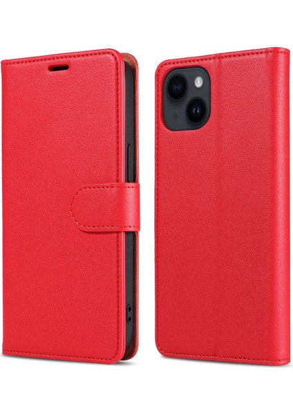 iPhone15 Plus Pu Pu Deri Stand Kapağı Manyetik Kapatma Telefon Kılıfı Rfıd Blowıng Fonksiyon Kabuk-Kırmızısı (Yurt Dışından)