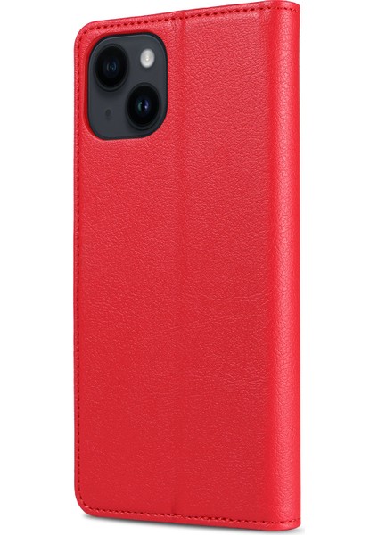 iPhone15 Plus Pu Pu Deri Stand Kapağı Manyetik Kapatma Telefon Kılıfı Rfıd Blowıng Fonksiyon Kabuk-Kırmızısı (Yurt Dışından)