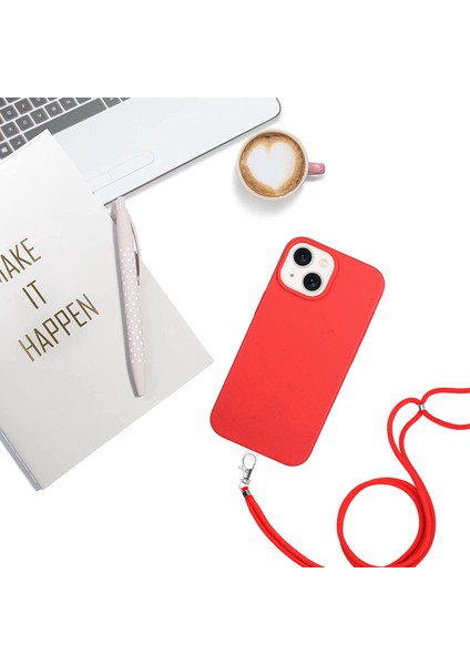 iPhone15 Plus Kasa Biyolojik Olarak Parçalanabilir Buğday Samanı+Tpu Anti-Slatch Anti-Clatch Akıllı Telefon Kapağı Uzun Ip Kırmızısı (Yurt Dışından)