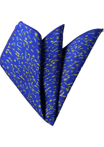 Mavi Üzeri Sarı Eski Alfabe Baskılı Özel Tasarım Pes Cep Yaka Mendili