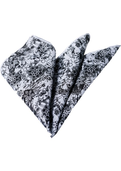 Beyaz Üzerine Siyah Çiçek Desen Baskılı Cep Yaka Mendili