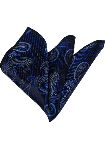 Lacivert Üzerine Mavi Şal Desen Jakar Dokuma Cep Yaka Mendili