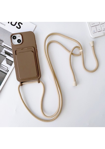 iPhone15 Plus Yumuşak Sıvı Silikon Kılıf Kart Tutucu Strap-Coffee ile Scratchope Proonpute Kapak (Yurt Dışından)