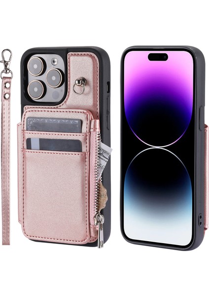 iPhone15 Pro Fermuar Cüzdanı Pu Deri+Tpu Telefon Kılıfı Rfıd Blowantıng Telefon Kabuğu Bilek Kayış Rose Altın (Yurt Dışından)