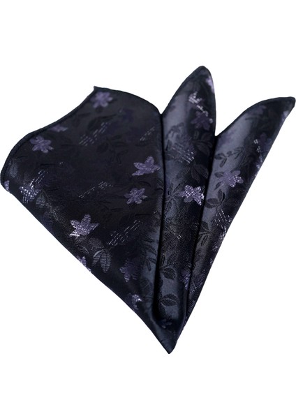 Siyah Üzerine Gri Çiçek Dokumalı Cep Yaka Mendili
