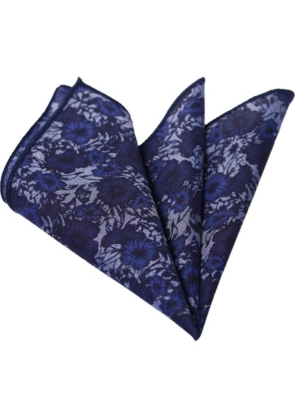 Lacivert Mavi Gri Çiçek Desenli Cep Yaka Mendili