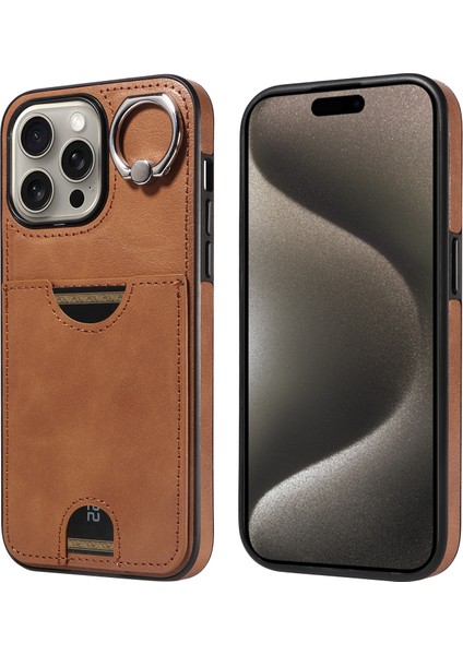 Için iPhone15 Pro Max Shockproof Case ile Kart Yuvası Buzağı Dokusu Geri Kapak Kılıfı (Yurt Dışından)