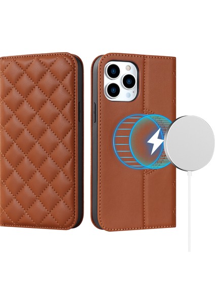iPhone15 Pro Pu Deri Stand Kapak Kart Tutucu Rfıd Engelleyen Telefon Kılıfı Magsafe-Brown ile Uyumlu (Yurt Dışından)