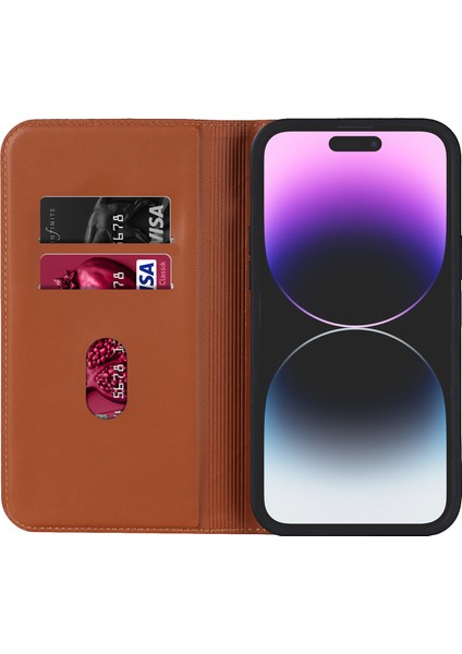 iPhone15 Pro Pu Deri Stand Kapak Kart Tutucu Rfıd Engelleyen Telefon Kılıfı Magsafe-Brown ile Uyumlu (Yurt Dışından)