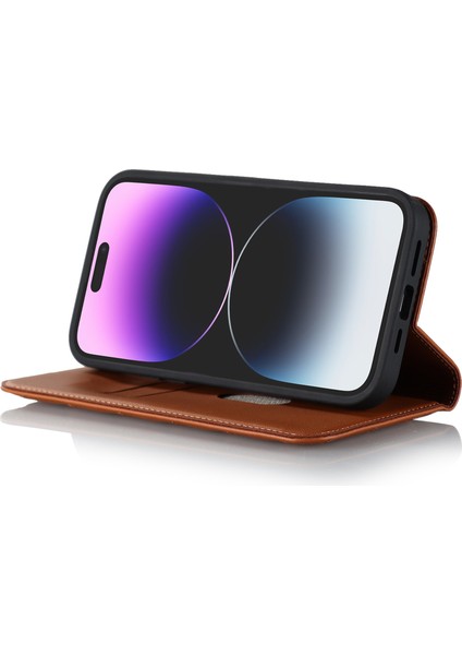 iPhone15 Pro Pu Deri Stand Kapak Kart Tutucu Rfıd Engelleyen Telefon Kılıfı Magsafe-Brown ile Uyumlu (Yurt Dışından)