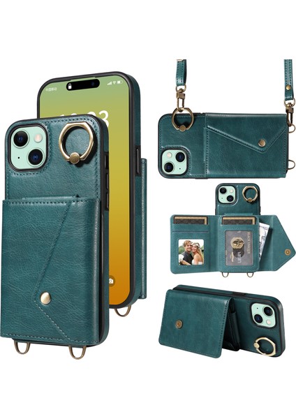 iPhone15 Plus Kart Çanta Tasarım Yüzüğü Kickstand Cep Telefonu Kapağı Litchi Doku Deri+Tpu Omuz Askılı Yeşili ile Arka Koruyucu Kasa (Yurt Dışından)