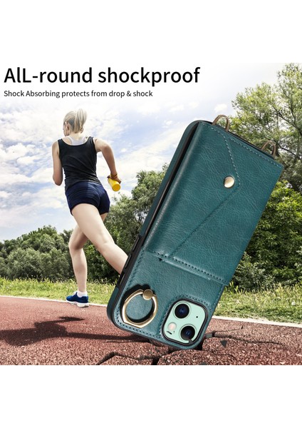 iPhone15 Plus Kart Çanta Tasarım Yüzüğü Kickstand Cep Telefonu Kapağı Litchi Doku Deri+Tpu Omuz Askılı Yeşili ile Arka Koruyucu Kasa (Yurt Dışından) fırsatları