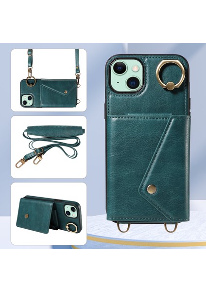 iPhone15 Plus Kart Çanta Tasarım Yüzüğü Kickstand Cep Telefonu Kapağı Litchi Doku Deri+Tpu Omuz Askılı Yeşili ile Arka Koruyucu Kasa (Yurt Dışından) indirimleri