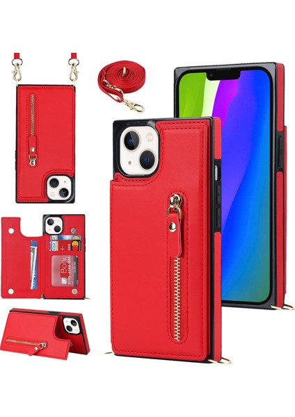 iPhone15 Plus Tpu+Pu Rfıd Engelleme Cüzdan Telefon Kapağı Omuz Kayışı Kırmızısı (Yurt Dışından)