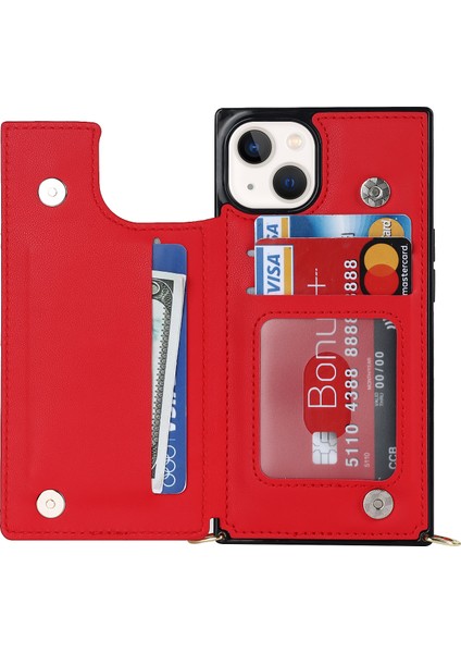 iPhone15 Plus Tpu+Pu Rfıd Engelleme Cüzdan Telefon Kapağı Omuz Kayışı Kırmızısı (Yurt Dışından)