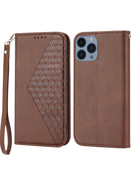 iPhone15 Pro Max Güz Kanıtı Pu Deri Telefon Kılıfı Baskılı Rhombus Desen Standı Cüzdan Kapak Brown (Yurt Dışından)
