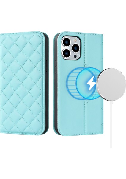 iPhone15 Pro Max Pu Deri Telefon Kılıf Kart Sahipleri Rfıd Engelleme Standı Kapağı Magsafe-Sky Mavi ile Uyumlu (Yurt Dışından)