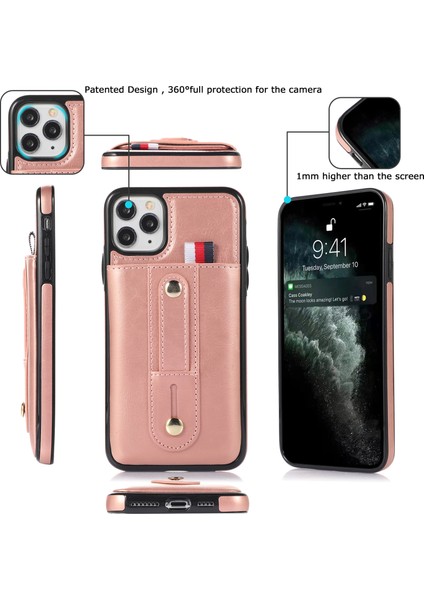 iPhone11 Pro Case Pu Deri+Tpu Gizli Kart Tutucu Kickstand-Rose Gold ile Damla Geçirmez Telefon Kapağı (Yurt Dışından)