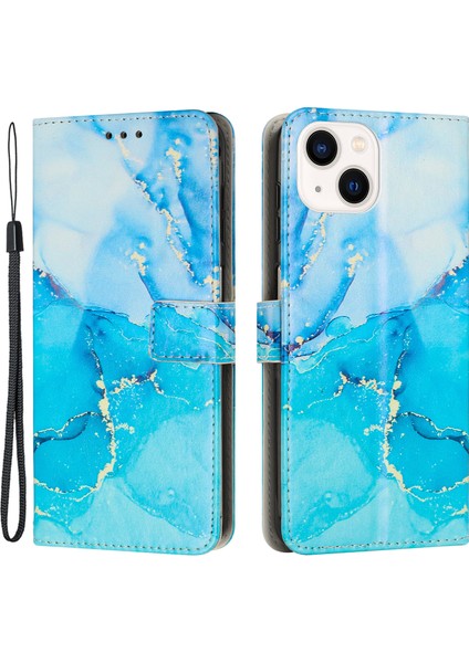 iPhone15 Plus Için Mermer Desen Telefon Kasası Artı, Bilek Kayış Mavisi/yeşil ile Stant Cüzdan Deri Telefon Kapağı (Yurt Dışından)