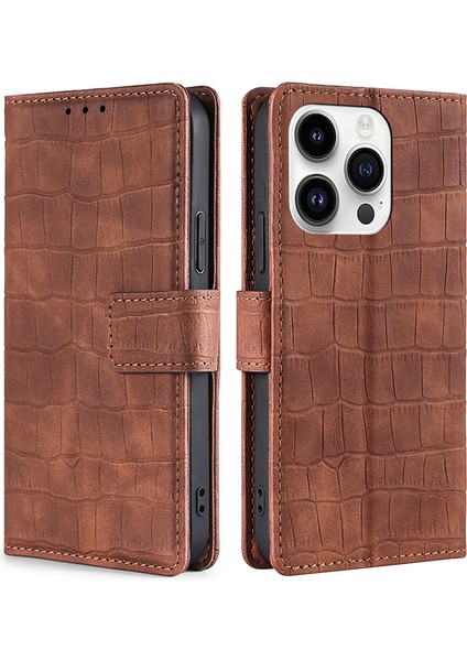iPhone15 Pro Max Telefon Kılıfı Cüzdan Cilt Touch Hissed Hissediyor Pu Deri Timsah Doku Stand Flip Cover-Brown (Yurt Dışından)