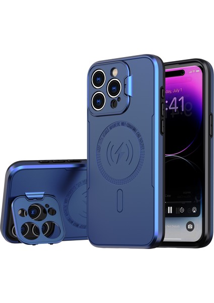 Magsafe Pc+Tpu Lens Çerçeve Kickstand Telefon Kapak-Mavisi ile Uyumlu iPhone15 Pro Magnetic Case Için (Yurt Dışından)