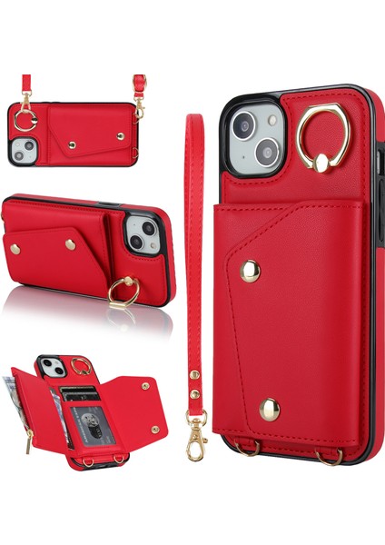 iPhone15 Fermuarı Cüzdanı Telefon Kılıfı Pu Deri+Tpu Yüzük Kickstand Sırt Kapak 2 Kayış Kırmızısı (Yurt Dışından)